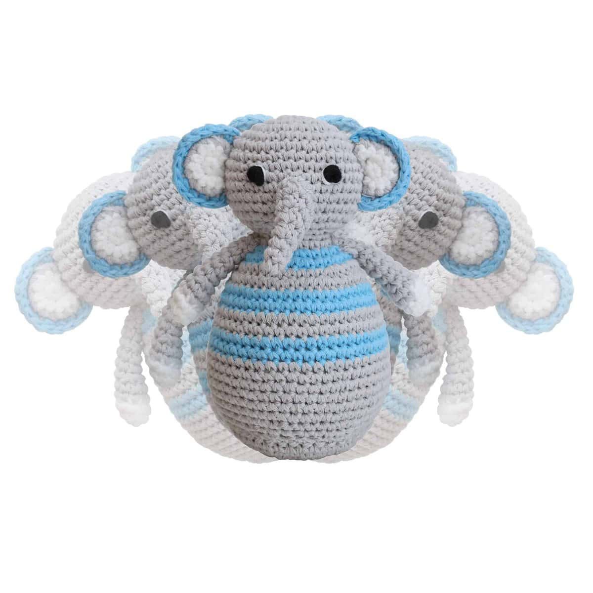 Crocheted stand-up figure elephant JUMBO in blue