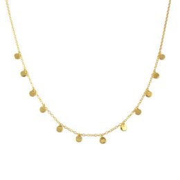 A delicate gold necklace with a row of small, round charms hanging from the chain. The charms have a shiny, polished finish that catches the light beautifully.