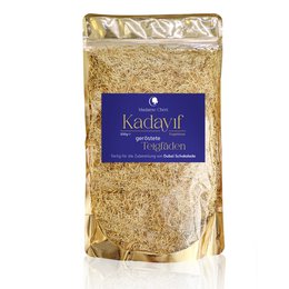 Roasted dough threads, angel hair-like texture, golden color, used as a topping or garnish for desserts and pastries.