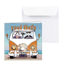 Greeting card with a vintage car and a heart-shaped balloon, featuring the Dutch text "Beterschap" which means "Get well".
