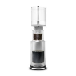 Tall, cylindrical glass cold brew coffee maker with stainless steel accents.