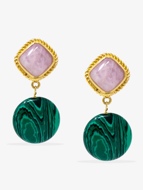 Gold-Plated Kunzite And Malachite Earrings