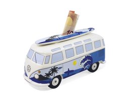 A blue and white Volkswagen VW T1 Bus Money Bank with a surfboard on the roof, in a 1:18 scale model.