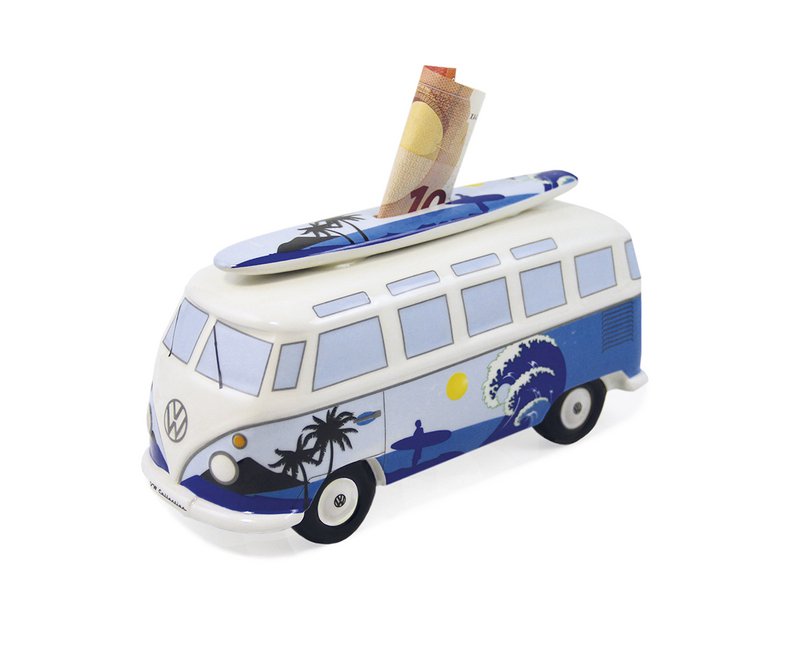 Volkswagen VW T1 Bus Spardose mit Surfboard (1:18) - Surf/Blau