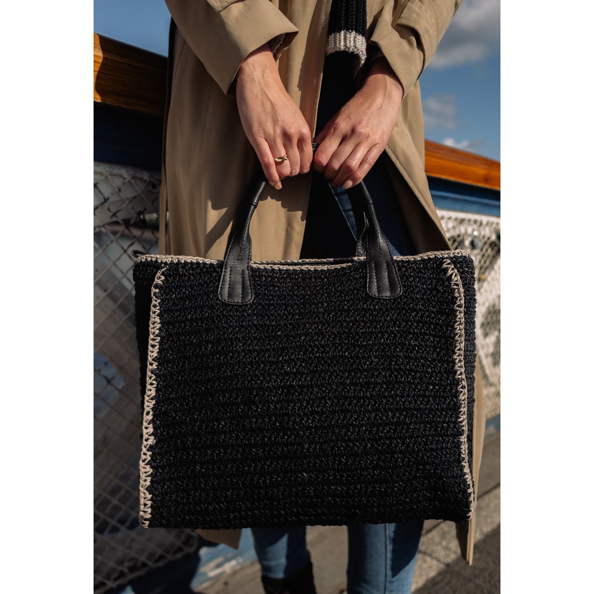 SEABREEZE SHOPPER raffiabast zwart