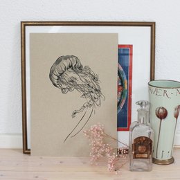  A black and white sketch of a jellyfish on a canvas print, available with or without a poster bar.