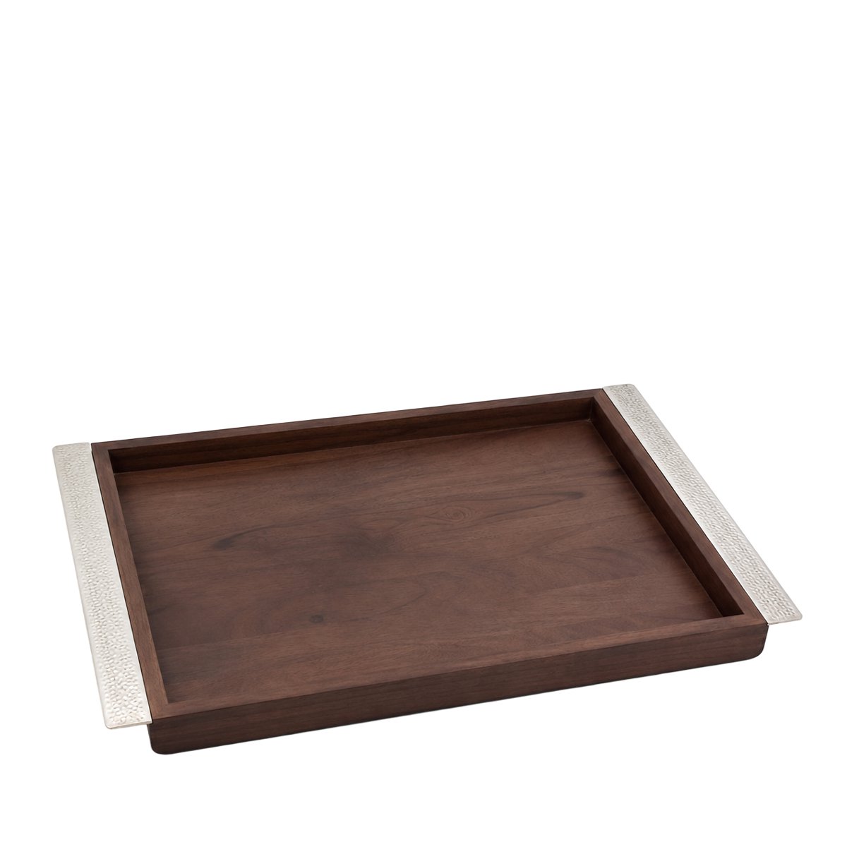 Bandeja de madera rectangular con manijas de metal de plata 44x33cm