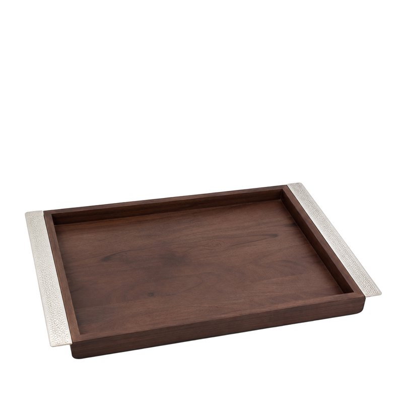 Bandeja de madera rectangular con manijas de metal de plata 44x33cm