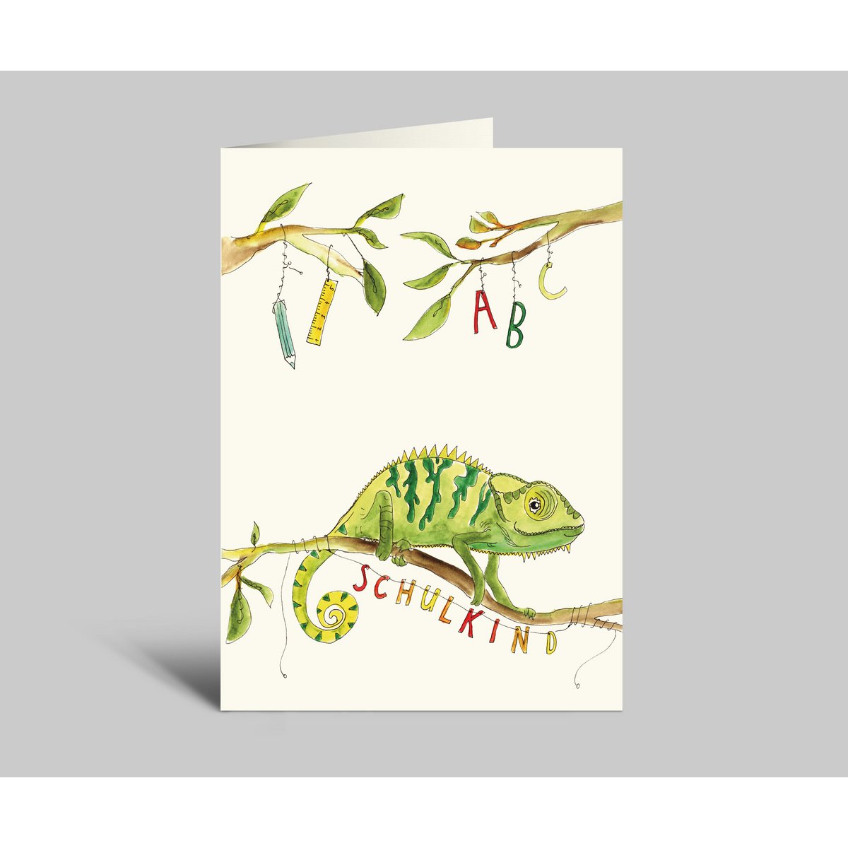 Vouwkaart voor schoolinschrijving | groene kameleon | schoolkind | Schoolinschrijvingskaart met envelop en aquarelmotief