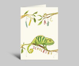 Vouwkaart voor schoolinschrijving | groene kameleon | schoolkind | Schoolinschrijvingskaart met envelop en aquarelmotief