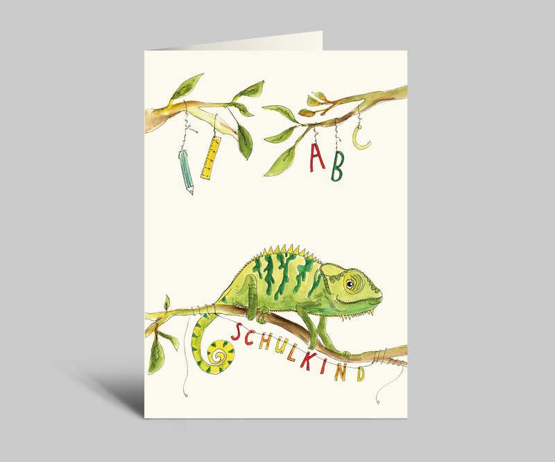 Vouwkaart voor schoolinschrijving | groene kameleon | schoolkind | Schoolinschrijvingskaart met envelop en aquarelmotief
