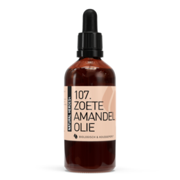 Organic and cold-pressed sweet almond oil in 100 ml, 300 ml, 1000 ml, and 5000 ml sizes.