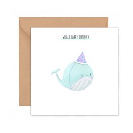 Folded card with a whimsical whale illustration and the text "Whale happy birthday!" This birthday card features a playful, pastel-colored whale design.