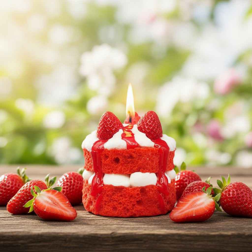 LAVURI® RED Velvet Strawberry cake with whipped cream and fruit as a topping on a red, fluffy cake base – a gourmet dessert candle made from 100% soy wax