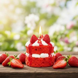 LAVURI® RED Velvet Strawberry cake with whipped cream and fruit as a topping on a red, fluffy cake base – a gourmet dessert candle made from 100% soy wax