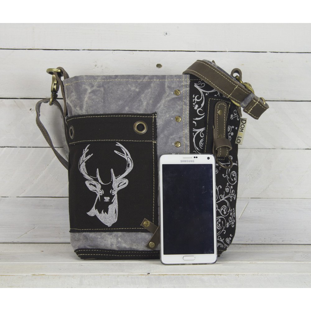 Traditionele tas van Domelo. Dames schoudertas. Dirndl schoudertas gemaakt van canvas en leer. Handtas in traditionele stijl met hertenedelweissprint. Crossbodytas voor dames als Oktoberfest-accessoire.
