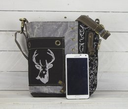 Domelo Trachtentasche. Damen Umhängetasche. Dirndl Schultertasche aus Canvas ( Segeltuch) & Leder. Handtasche in Trachten Stil mit Reh Edelweiß Aufdruck. Crossbody Tasche für Frauen als Oktoberfest Accessoires.