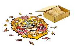 Colorful wooden jigsaw puzzle featuring vibrant squirrel forest design with natural wood box packaging.