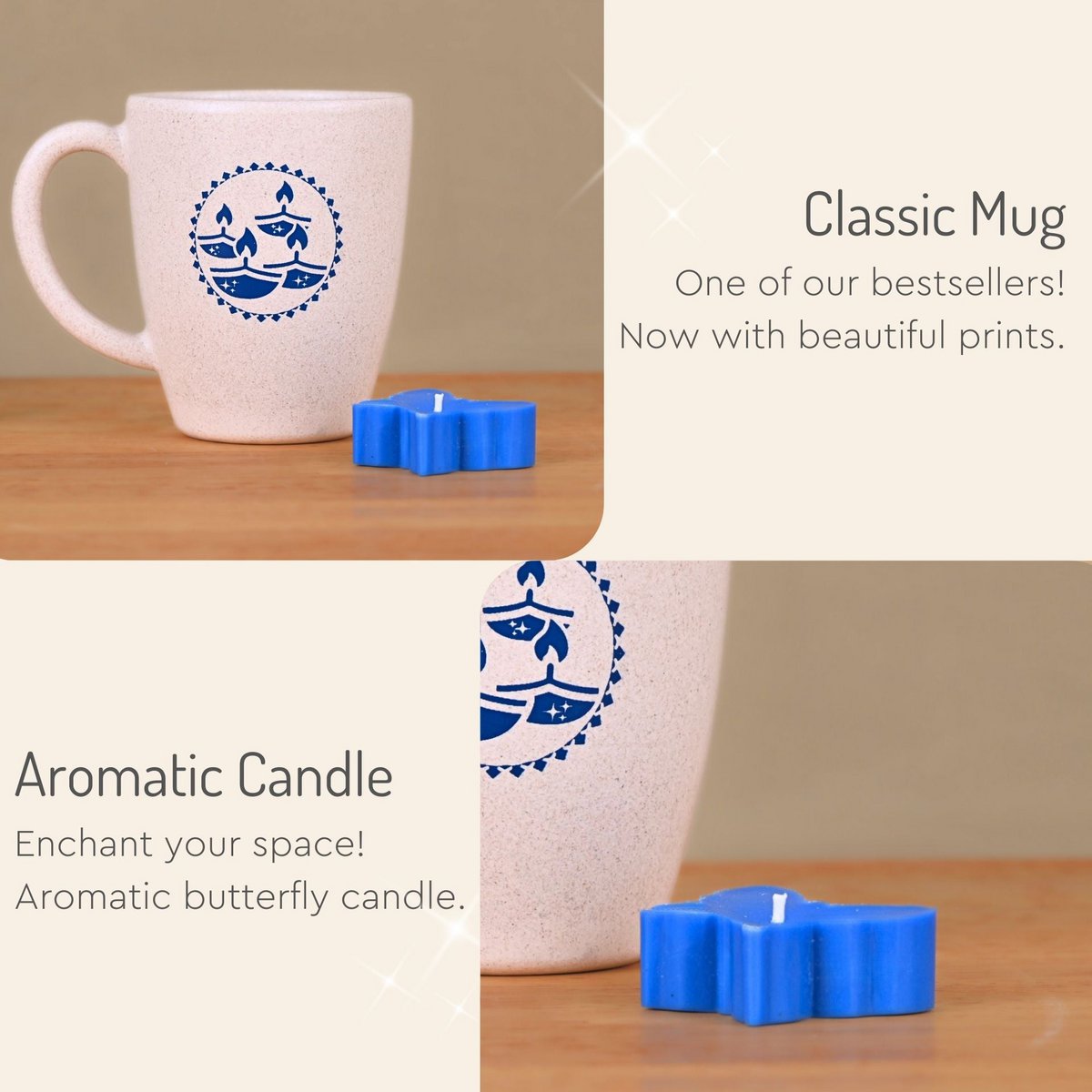 Cesti regalo Ecofy Earth Friendly Diwali | Tazza stampata Diya, sottobicchiere, portachiavi, candela, sacchetto regalo, biglietto