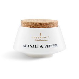  A round, white ceramic pot with a cork lid, containing sea salt and black pepper. The pot has a minimalist, Japanese-inspired design.