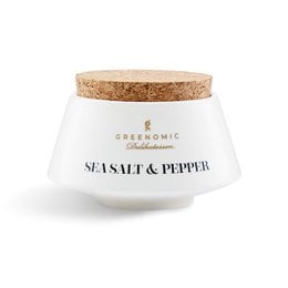 A round, white ceramic pot with a cork lid, containing sea salt and black pepper. The pot has a minimalist, Japanese-inspired design.