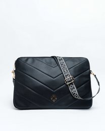 Black laptop sleeve made of corn leather with a quilted pattern and a detachable strap.