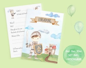 Ridder uitnodigingskaartenset om in te vullen inclusief enveloppen voor een ridder kinderverjaardagsfeestje of een ridderfeest
