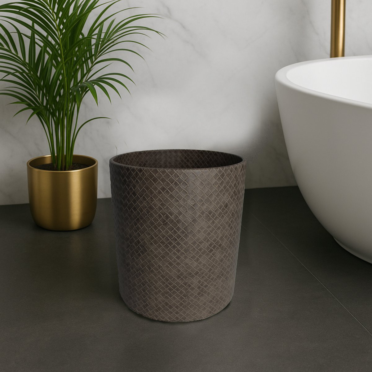 Poubelle ronde de cuir synthétique en cuir marron enduit de 22xh28 cm