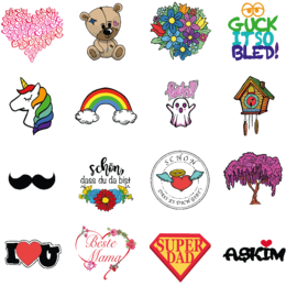 A colorful assortment of whimsical and playful icons and images, including a teddy bear, rainbow, heart, and more. These elements could be used to decorate or enhance a variety of products like coffee mugs, t-shirts, or other merchandise.