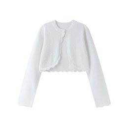 White cropped cardigan with scalloped edges, perfect for party fashion accessories.