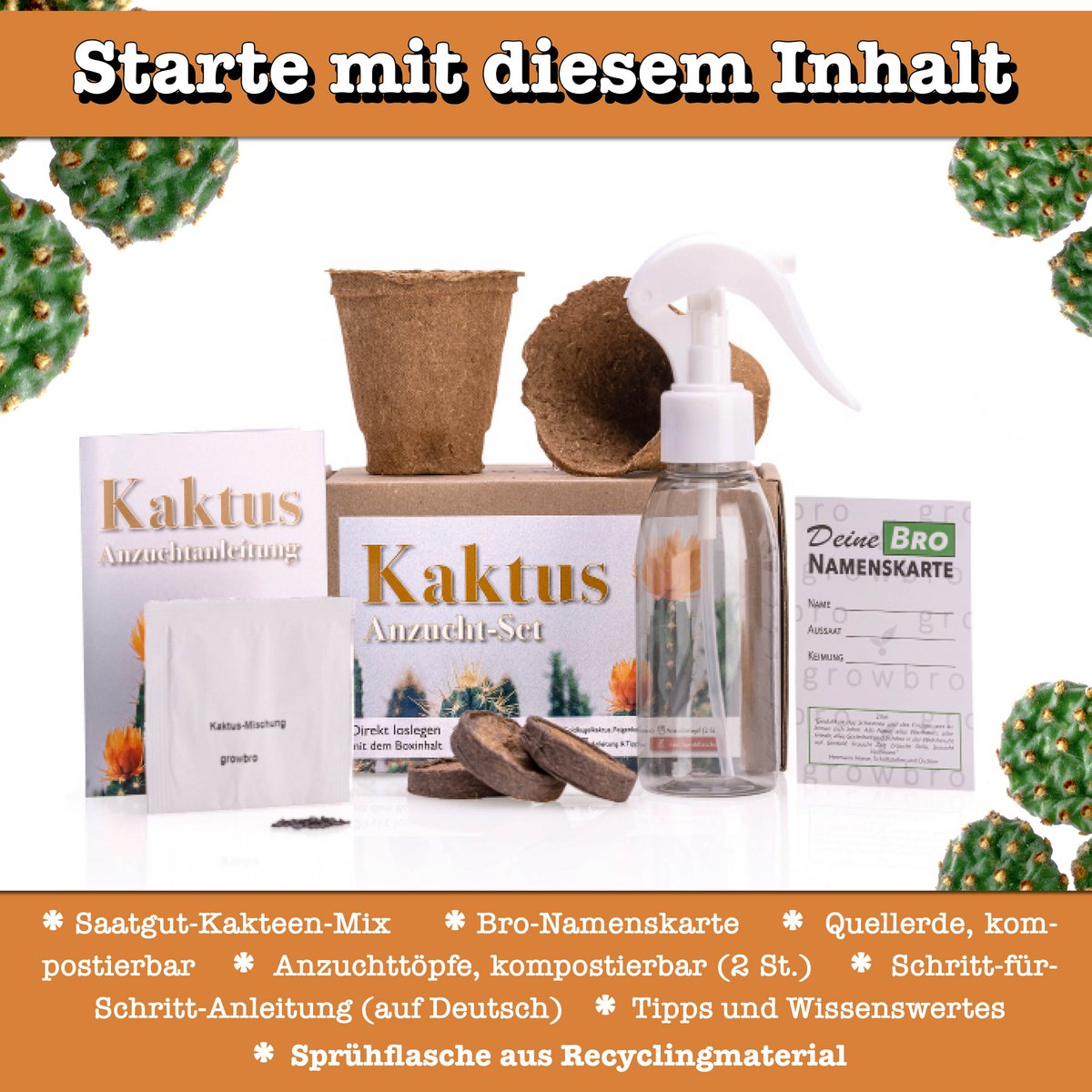 growbro| Set per la coltivazione di cactus con flacone spray | IL REGALO DI CACTUS per donne e uomini %23 regalo di semi %23 regalo di semi per gli ospiti %23 cactus
