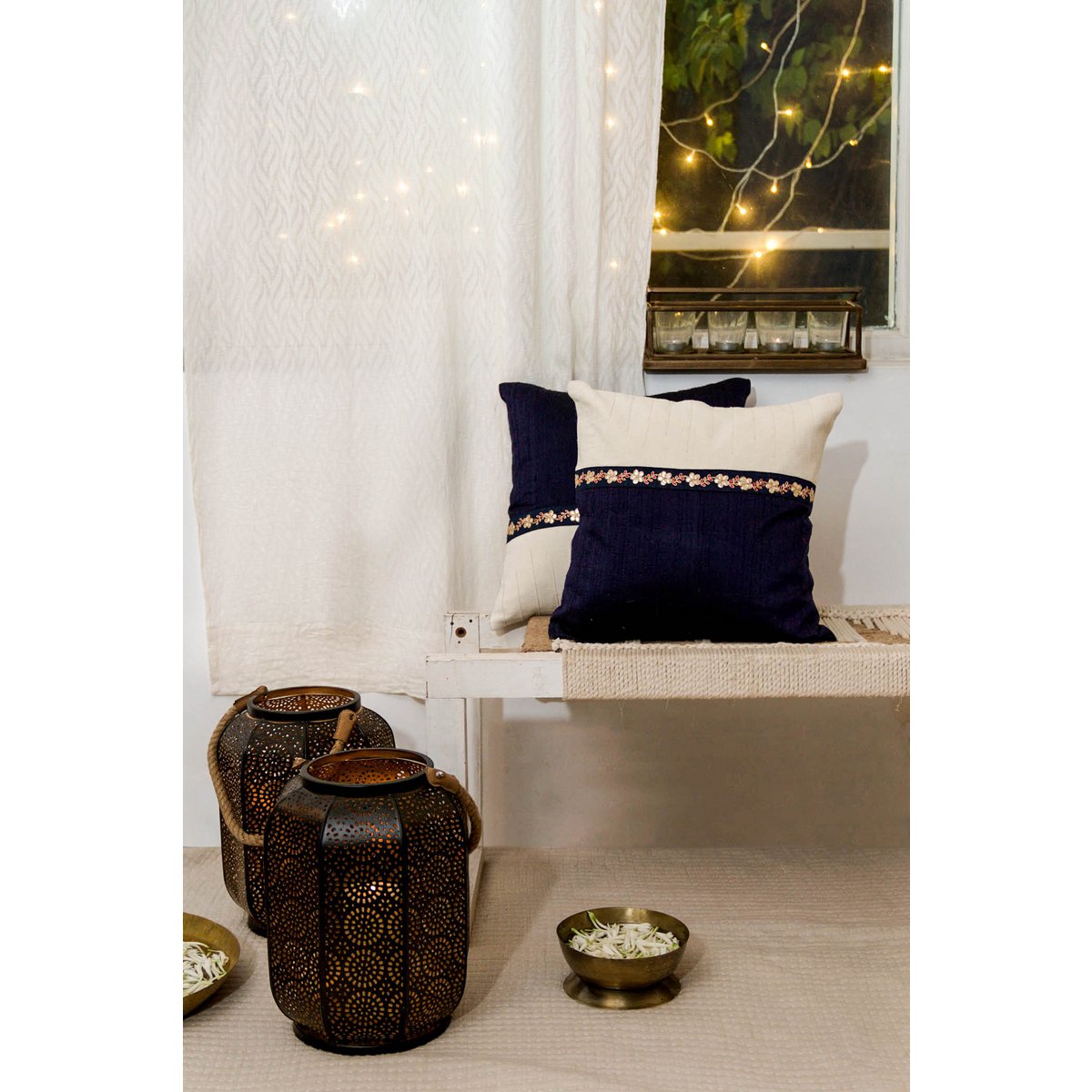 Handwoven Dupion Silk Cushion Cover Dabka Border - Two-Tone