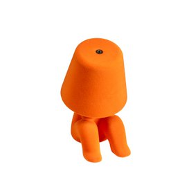  Orange round bulbous table lamp with four stubby legs, cute character design, modern minimalist style.