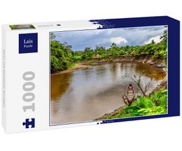  A 1000-piece puzzle featuring a scenic river landscape with a wooden boat in Ecuador. The description includes the key details of the puzzle, such as the title, category, and number of pieces, as well as a concise description of the image, which shows a river surrounded by lush greenery and a wooden boat.