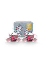 Set/2 Cups & Saucers Flower Festival Dark Pink 280ml