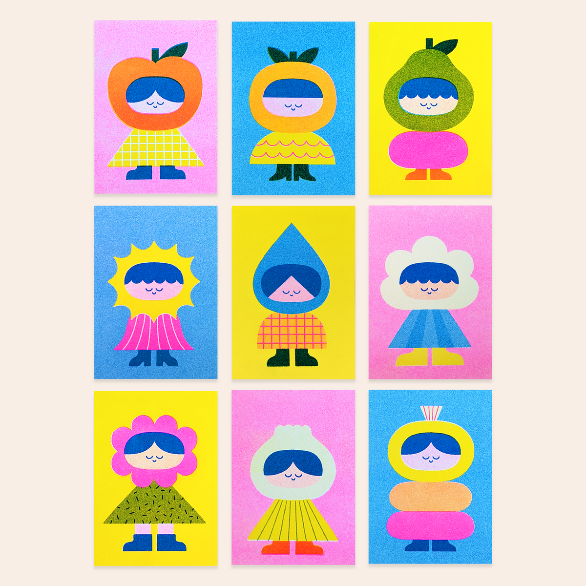 Tous les tirages risographes Tiny Friends : lot de 9 (format A7)
