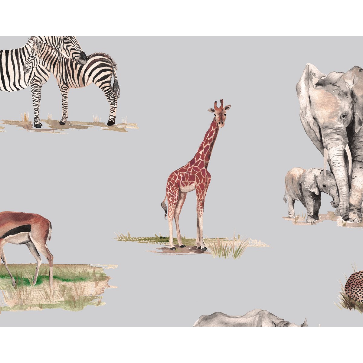 Safari Animals Children's Wallpaper - Grey Colour