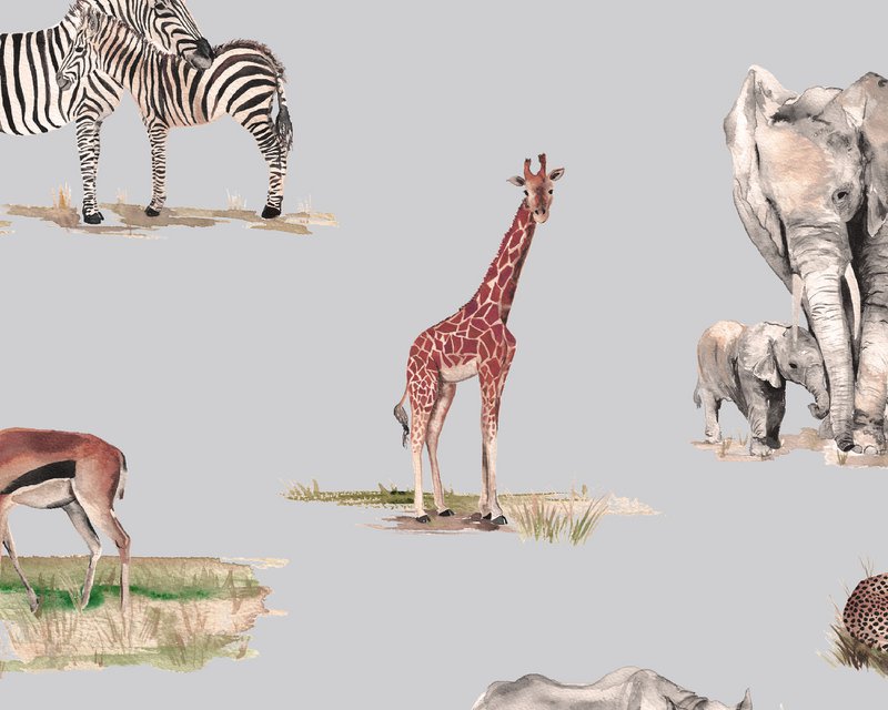 Safari Animals Children's Wallpaper - Grey Colour