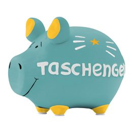 Ceramic piggy bank, turquoise green with yellow gold ears, cute pig shape, "taschengeld" text, small savings container.