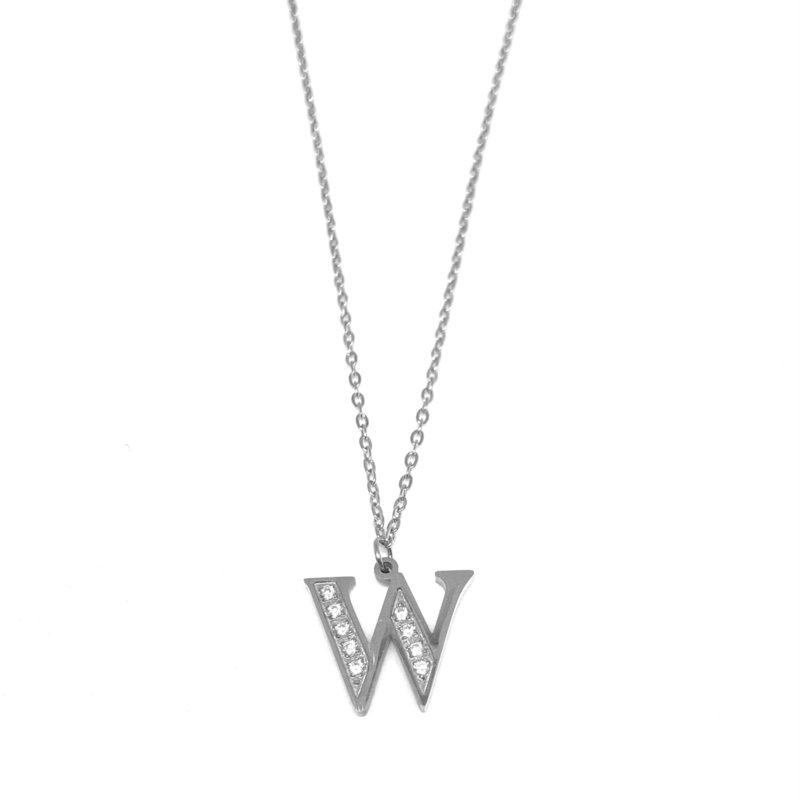 Letter ketting halve diamant - initiaal W - zilver