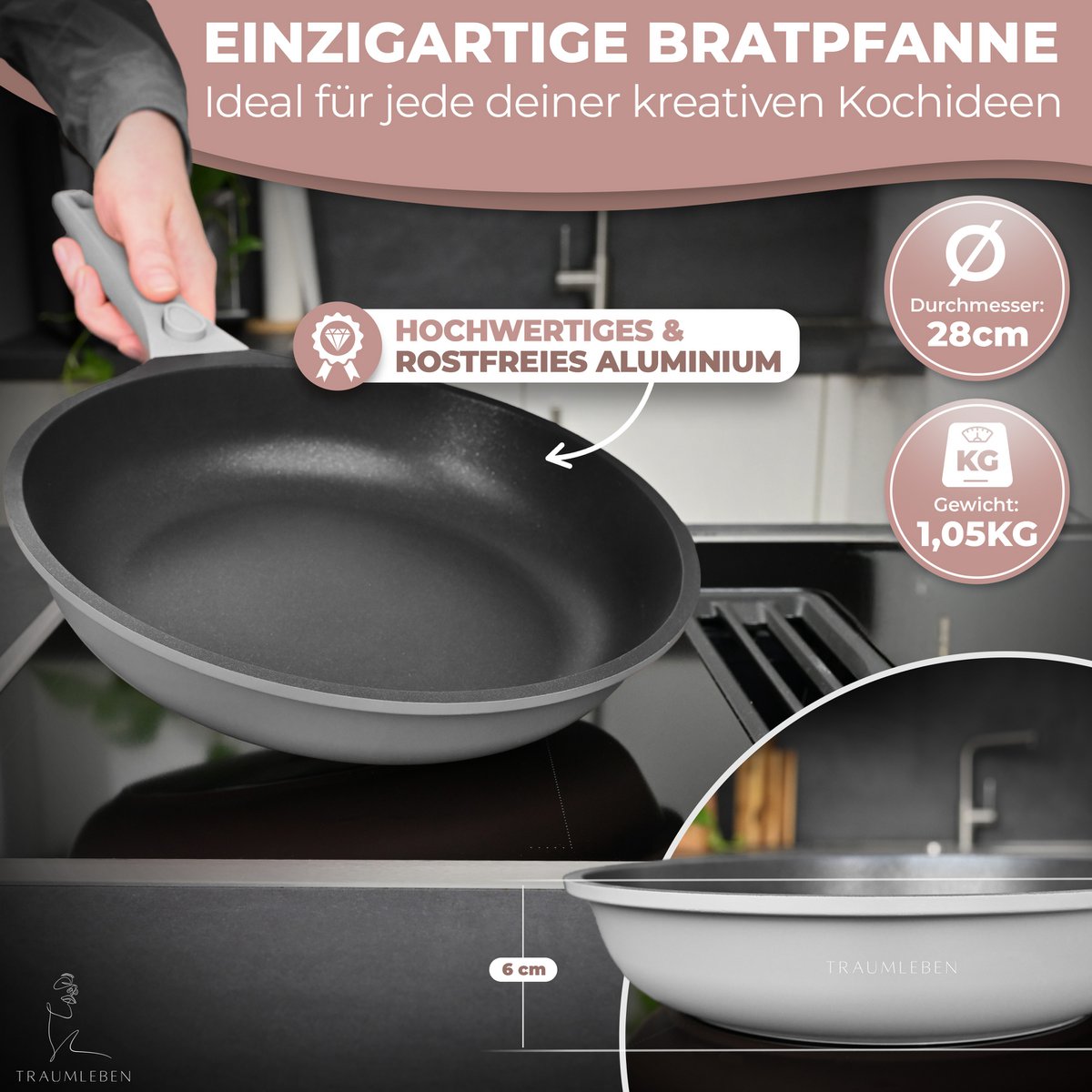 Fry Pan 28 cm, powłoka bezstronna, zdejmowane uchwyty, indukcja, festiwal piekarnika (szary)