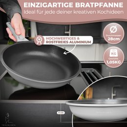 Bratpfanne 28 cm, Antihaftbeschichtung, abnehmbare Griffe, Induktion, backofenfest (grau)