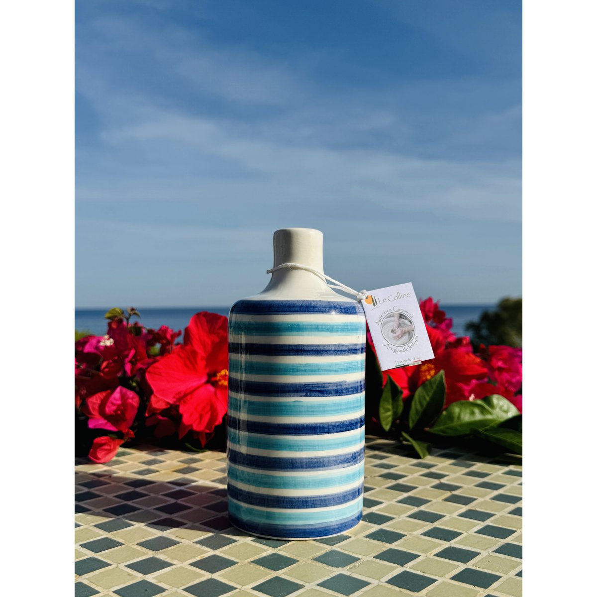 Keramikflasche Ölflasche Ölspender Ölkännchen "Mediterranea" für Olivenöl & Essig handgemacht in Italien