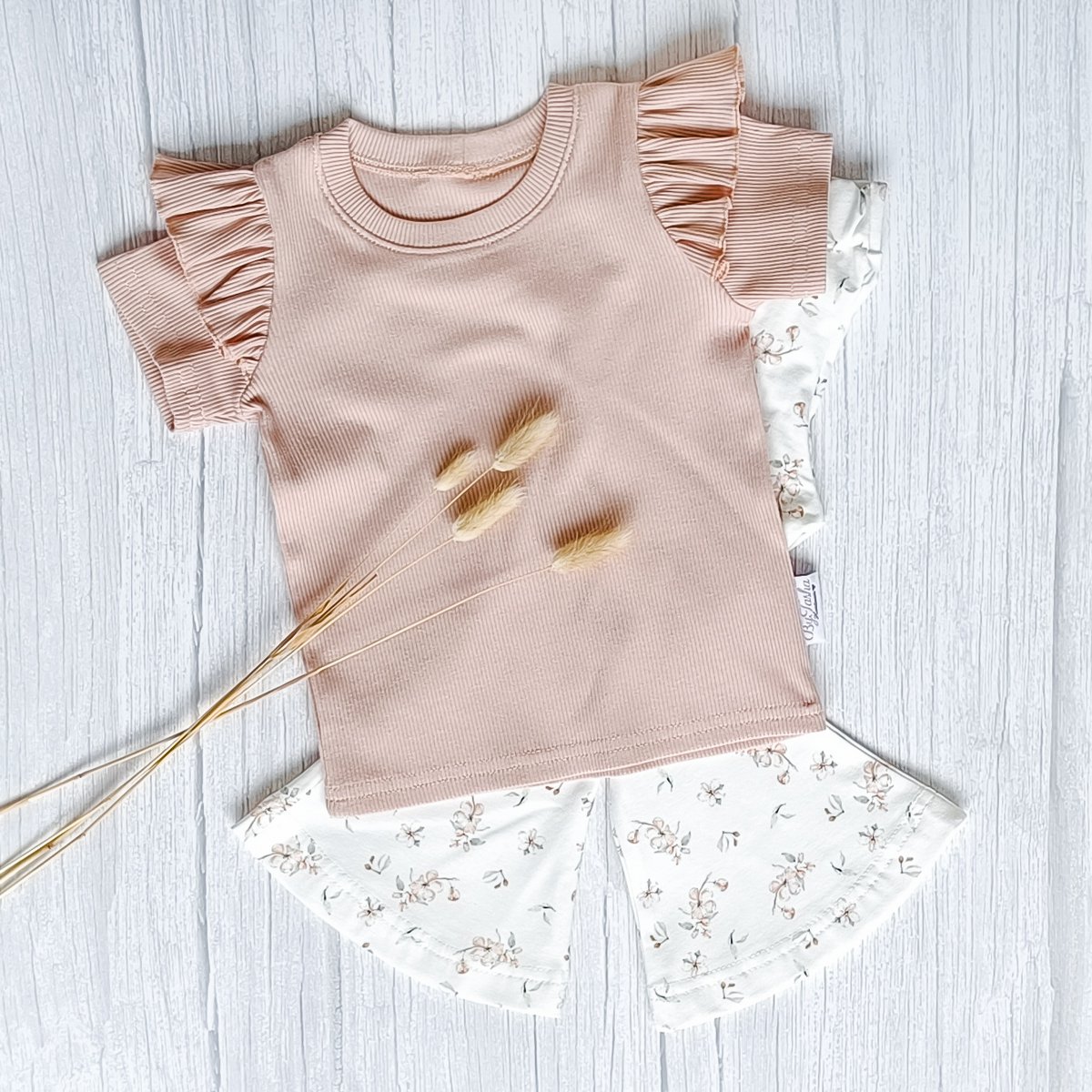 T-Shirt Volants Jersey Côtelé Rose Nude