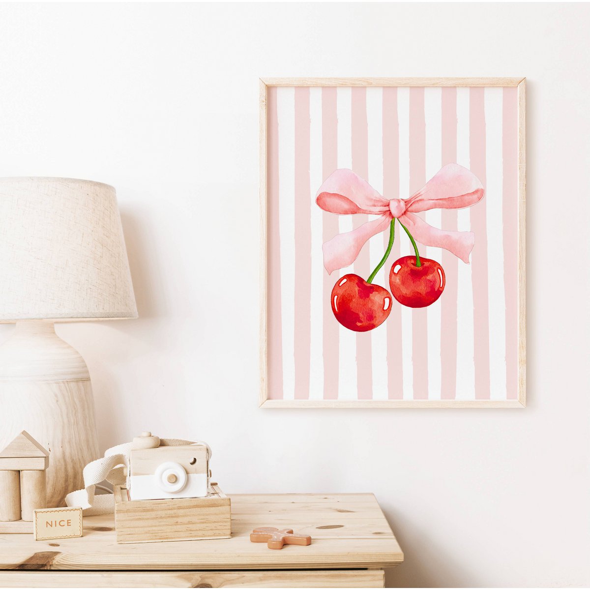 Cherry bow print, cherry poster, bow poster, Coquette print, pink girls room poster, girls nursery poster