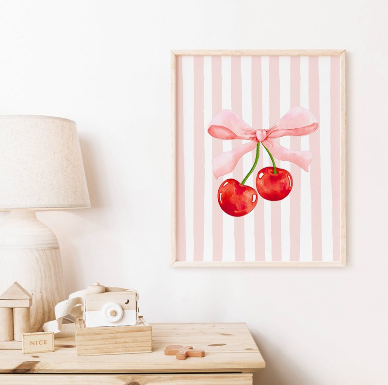 Cherry bow print, cherry poster, bow poster, Coquette print, pink girls room poster, girls nursery poster