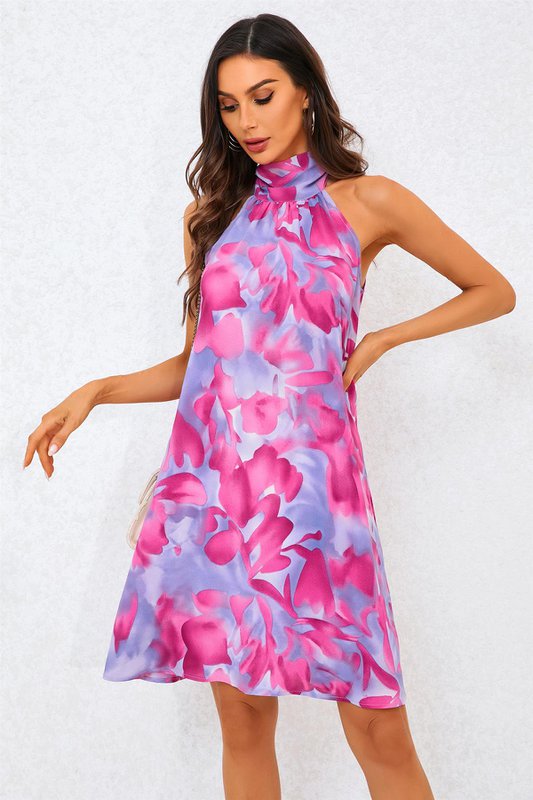 Abstracto estampado floral halter cuello corbata mini vestido en rosa