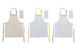 2-piece cotton apron set in assorted gingham and polka dot patterns, suitable for kitchen or household use.