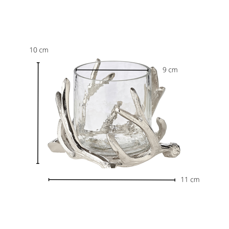 EDZARD lantern Kingston, antler design, aluminum, silver-colored, with glass, height 13 cm, ø 15 cm