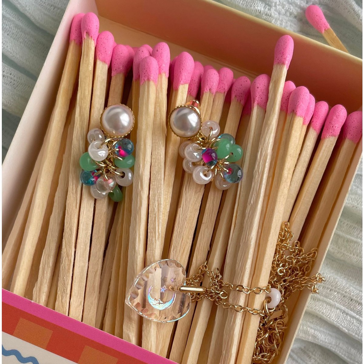 Multicolor crystals earrings pearl stud, gold plated